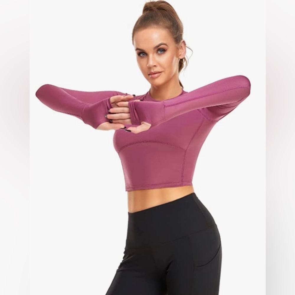 Purple | XL | Women's Long Sleeve Workout Slim Fit Crop Top
